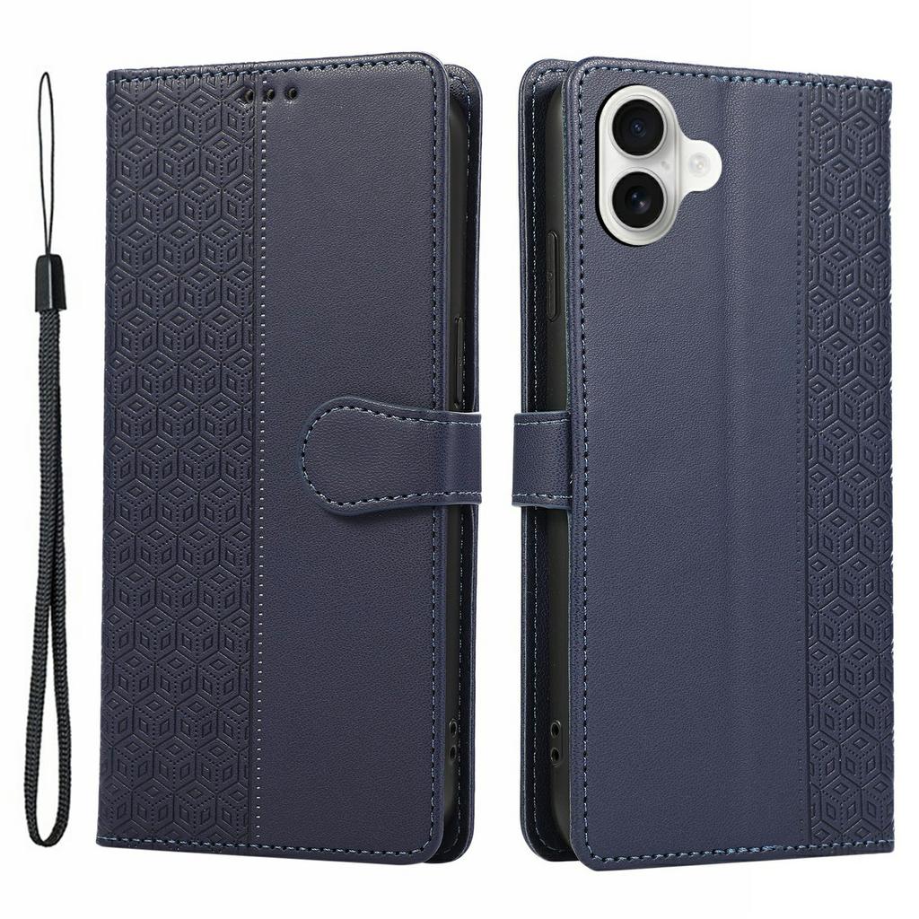For iPhone 17 Case Splicing Imprinted Rhombus Leather Phone Cover with Wrist Strap