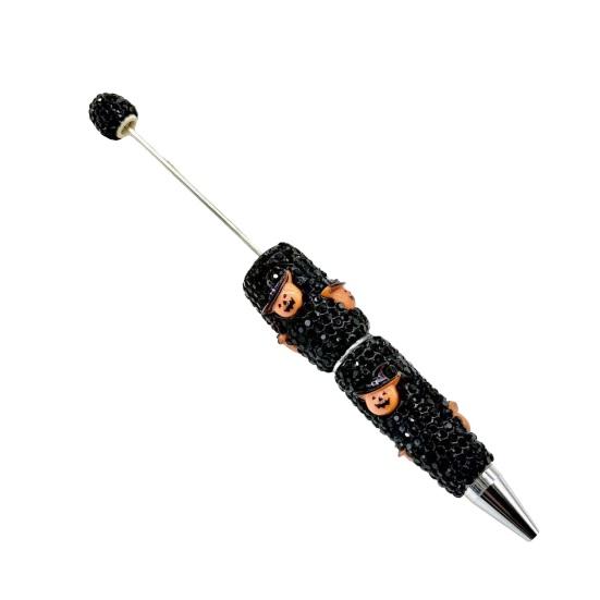 Rhinestone Writing Pen Beadable Pen, Glitter Plastic Beaded Halloween Pumpkin Ghost Skull Decorative Gel Ink for DIY Craft Making, School Office