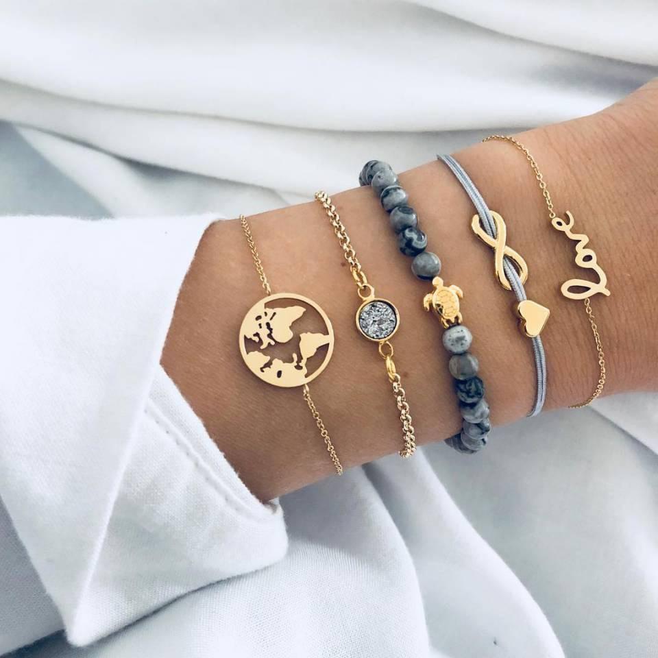 Turquoise Turtle & Seashell Geometric Heart Bracelet Set
