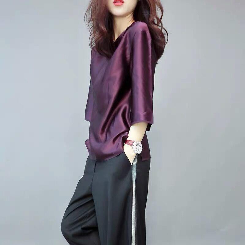 Elegant O-Neck Solid Color 3/4 Sleeve Oversized Satin Blouse Spring and Summer Casual Tops Loose Office Lady Shirt