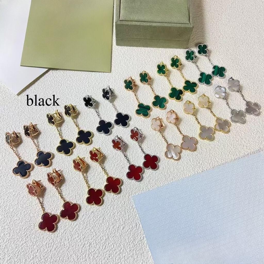New Arrival Four-Leaf Clover Earrings Two Flowers 18k Rose Gold Black Agate Carnelian Earring Clasp