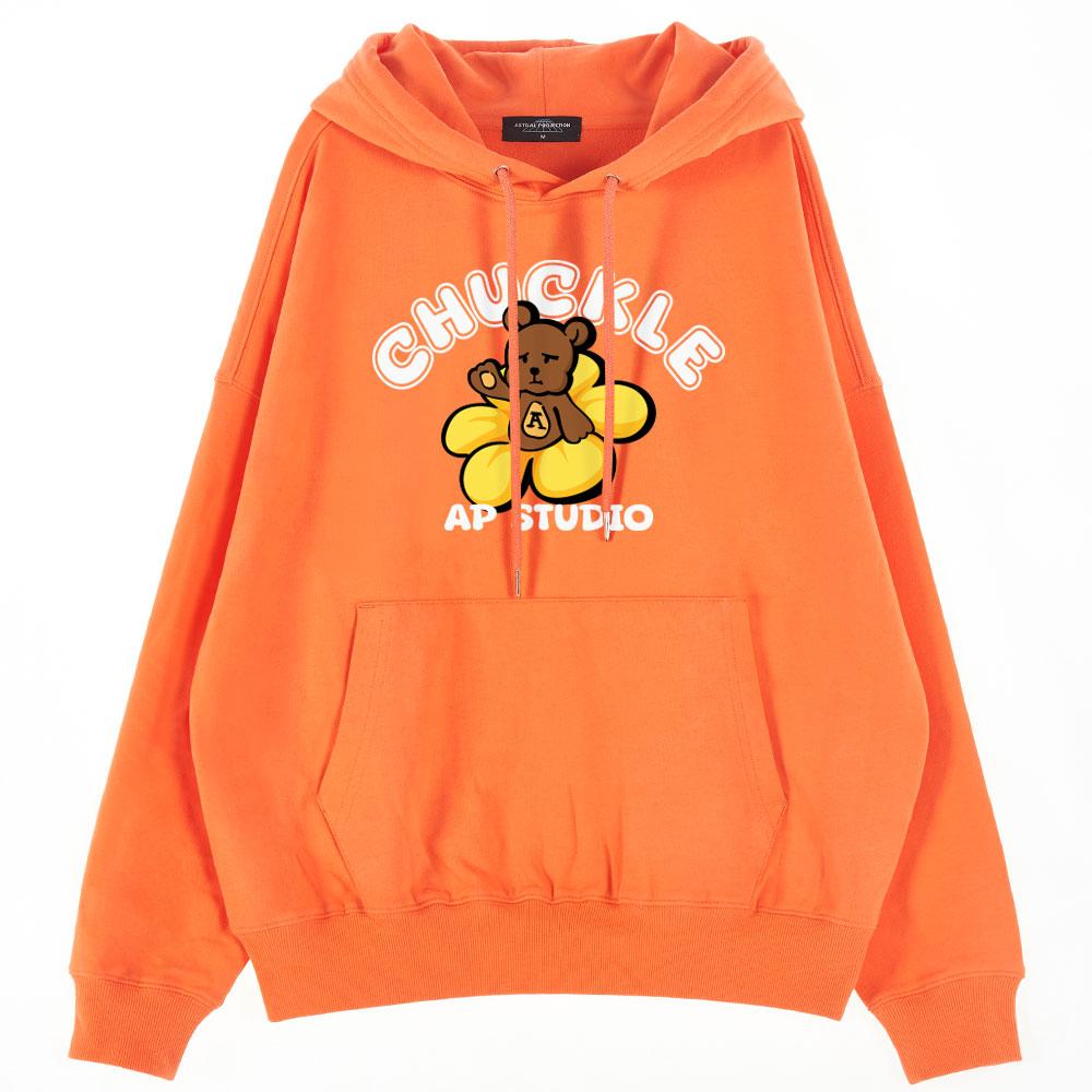 Oversized Drop Shoulder Chuckle Bear Hoodie_Coral