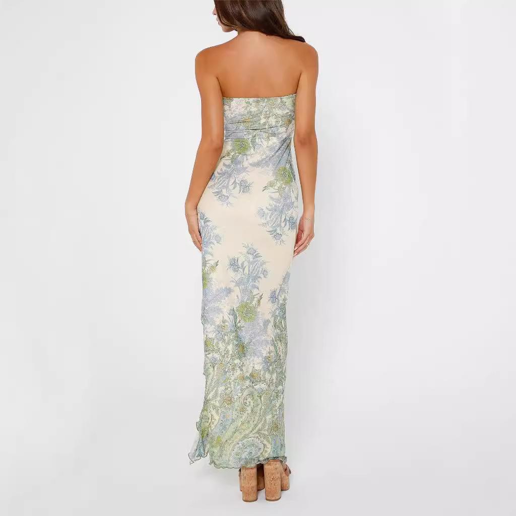 Summer new European and American temperament elegant wind mesh printing slim tube top dress women's long skirt
