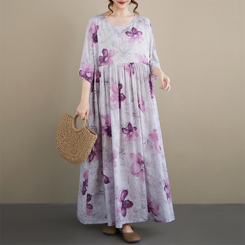 DIMANAF New 2026 Summer Beach Women Dress Plus Size Vintage Lady Long Dress Loose Oversize Maxi Floral Print Cotton