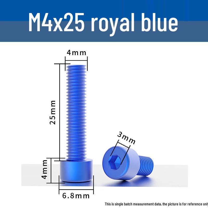 Šroub s vnitřním šestihranem M4 z eloxované hliníkové slitiny s válcovou zápustnou hlavou, antikorozní, barevná povrchová úprava.