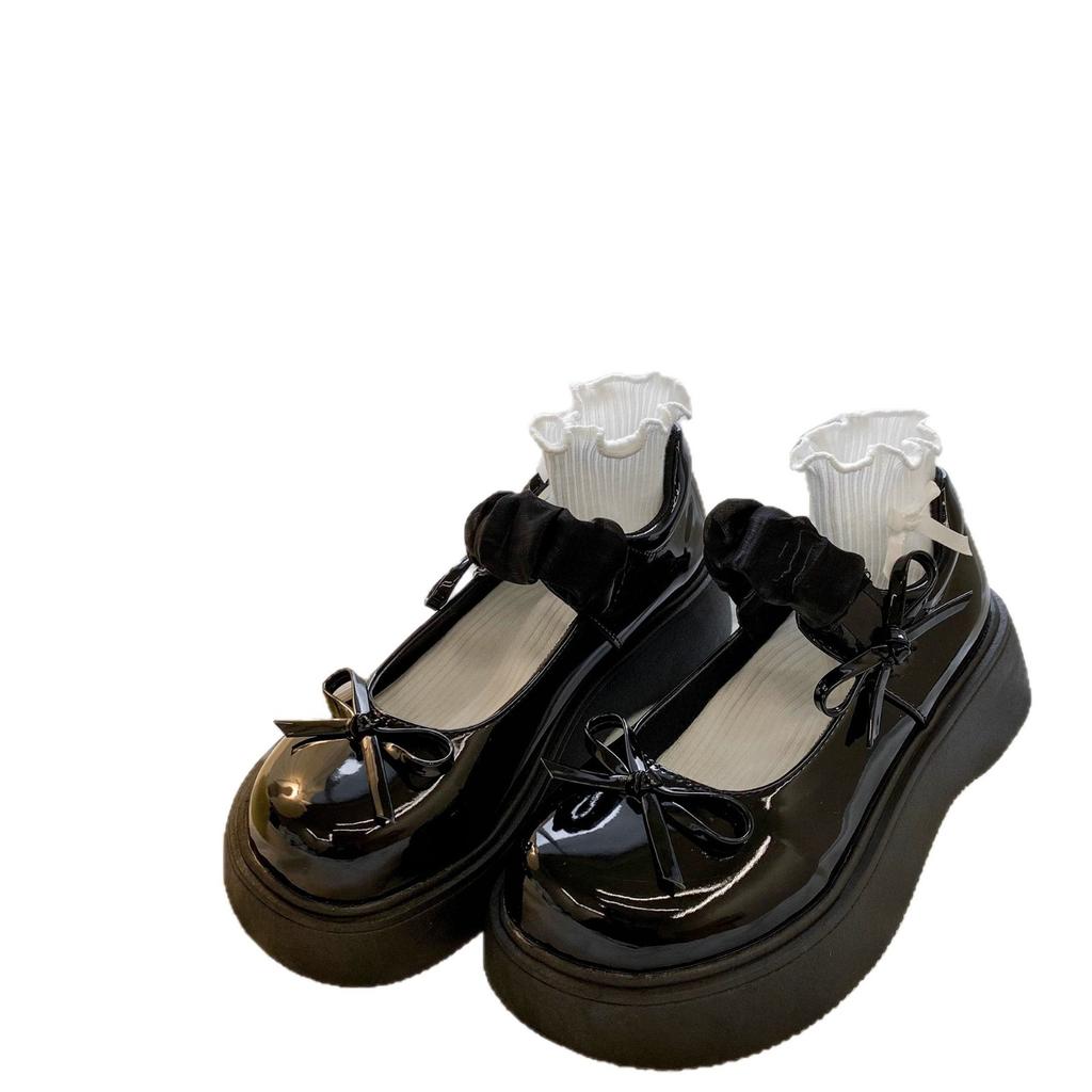 Thick-soled shallow-mouth single shoes women's 2025 new fashion bow small leather shoes heightening French with skirt Mary Jane shoes