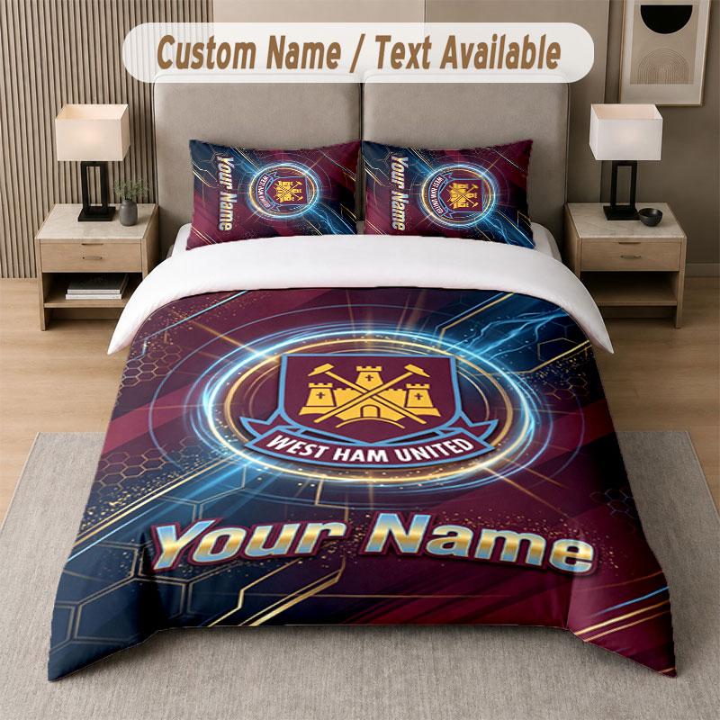 Custom Bedding Set West Ham United FC Pattern, Print Name Text 1 Duvet Cover plus 2 Pillowcases Home Textile