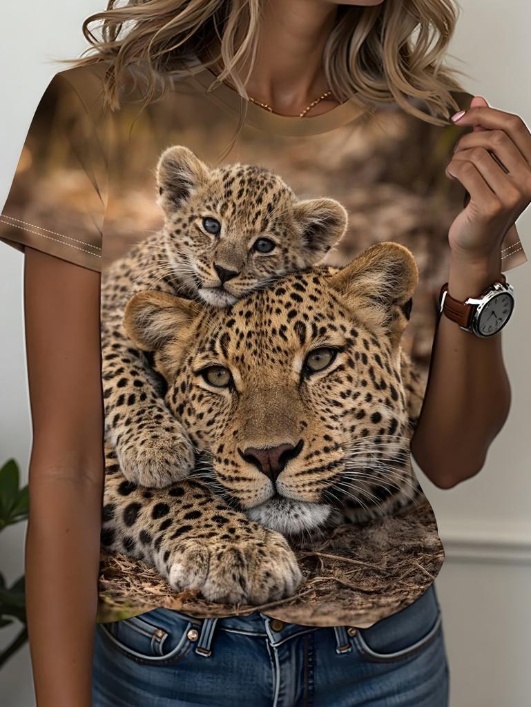 Women's Fashion Short Sleeve T-Shirts 3D Print Leopard Graphics Tees Breathable Women's Casual T-Shirts Summer Female Clothing