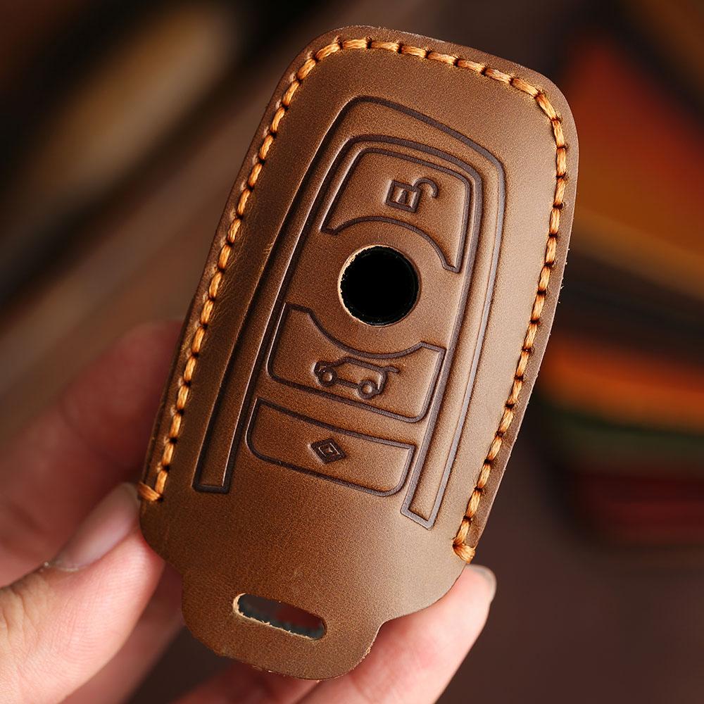 Genuine Leather Key Case for BMW 3 5 7 Series X1 X3 X5 X6, Full Cover Fob Protector with Metal Keychain, F20 F30 F10 Compatible Msvc59