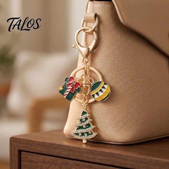 Christmas Ornament Santa Tree Snowman Keychain, Golden Plated Zinc Alloy Holiday Theme Keychain Handbags Decorative Accessory with Lobster Clasp Charm