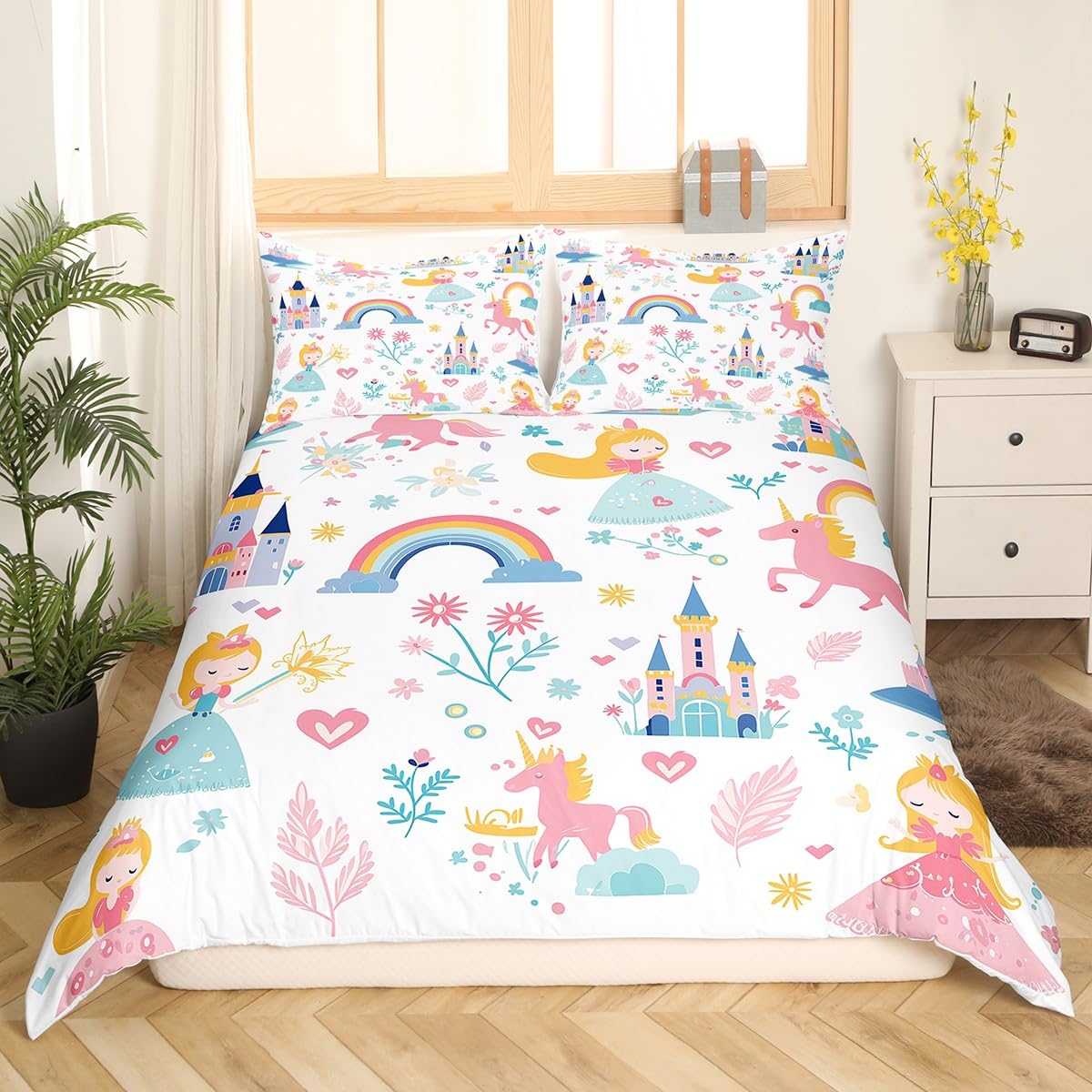 

Lovely Rainbow Quilt Cover Sun Crown Cloud Rain Bed Linen Collection Stick Figure Art Comforter Cover Kids Bedroom Polyester Fabric Quilt Cover EU Single(135x200cm)