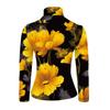 Women's Elegant Yellow Flower Long Sleeve Shirt - Half Turtle Neck T-Shirt Top, Micro Stretch - Versatile Shirt for All Seasons