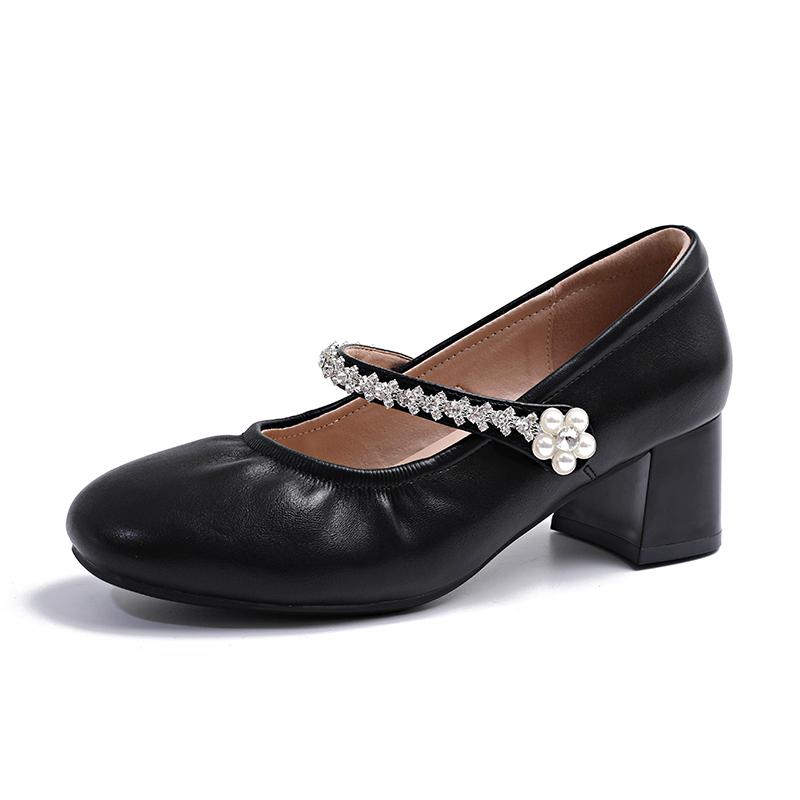 Fashion Rhinestone Strap Anti-Slip Wear-Resistant Block Heel Single Shoes Women's Fashion Round Toe Shallow Heels