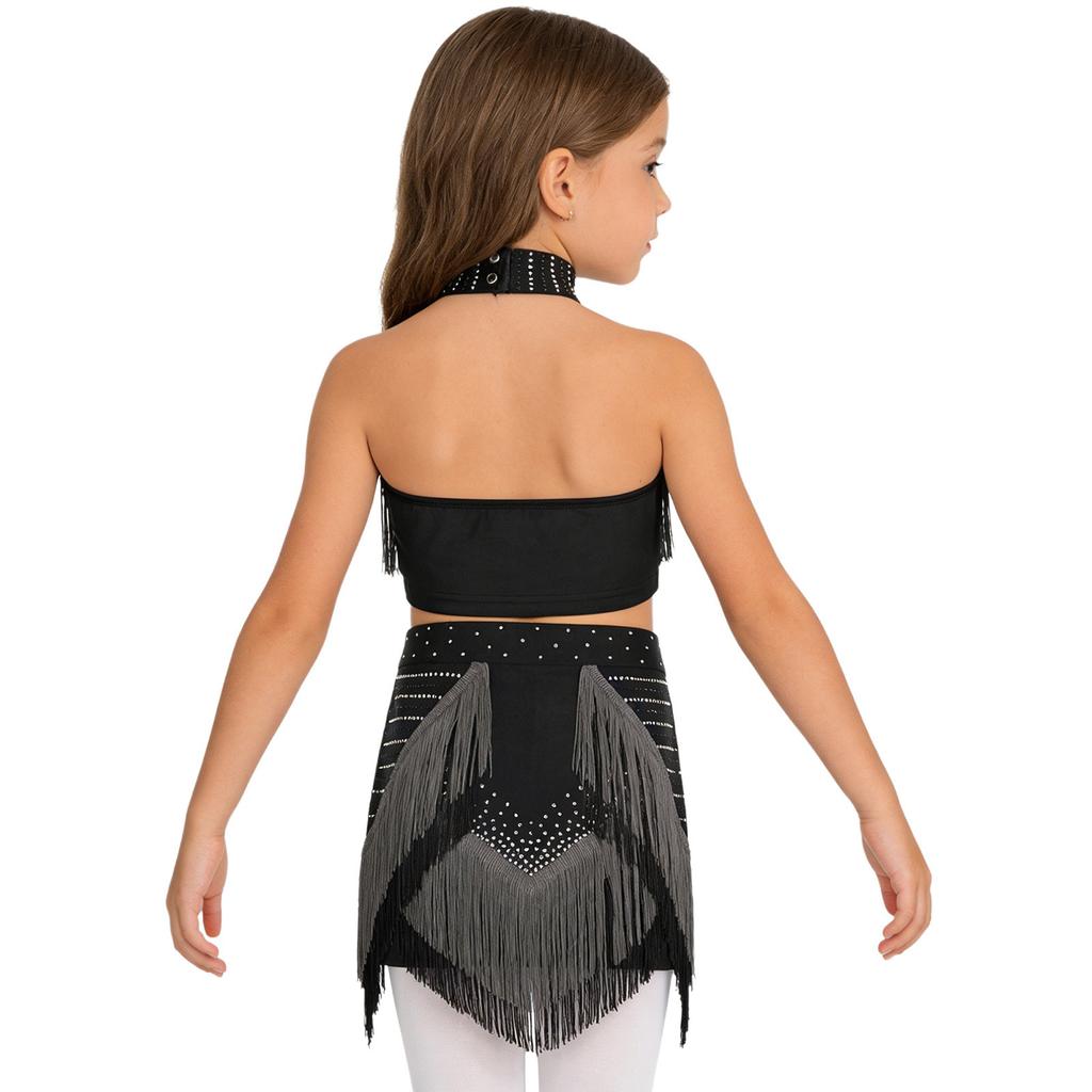 Top Corto Brillante con Borlas para Niñas, de Tirantes, sin Mangas, Espalda Descubierta, con Pantalón Corto Incorporado, Conjunto para Competición Latina