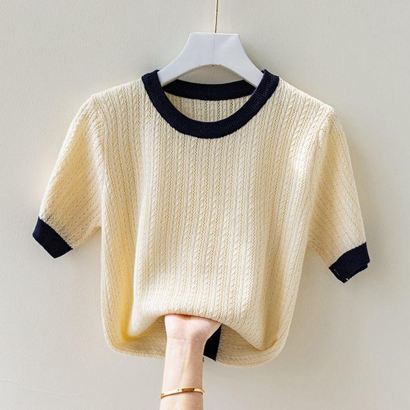 

Женская футболка Ice Silk с круглым вырезом, женская летняя трикотажная футболка с цветными блоками, свободный топ большого размера L