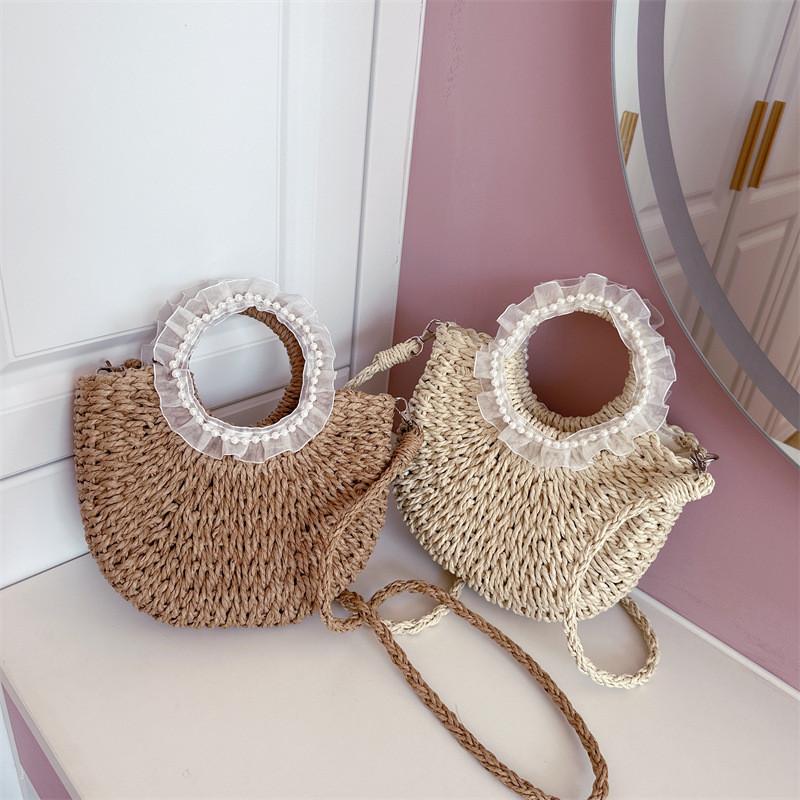 Adorable And Fashionable Woven Kids Handbag In White And Khaki Ideal For Preschoolers