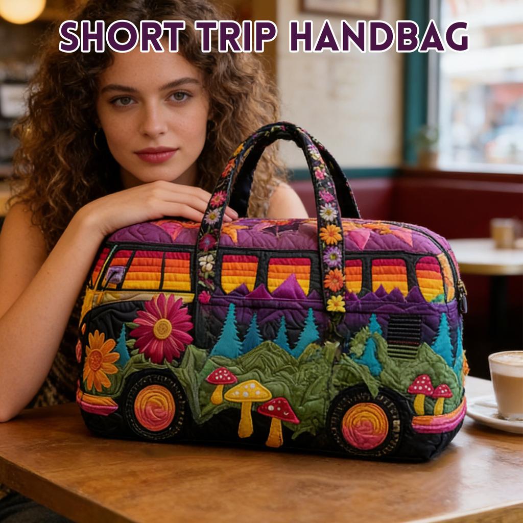 Bolsa de Lona Acolchada con Estampado de Autobús y Naturaleza Gran Capacidad para Viaje con Bordado Floral y de Diseño para Mujeres y Hombres
