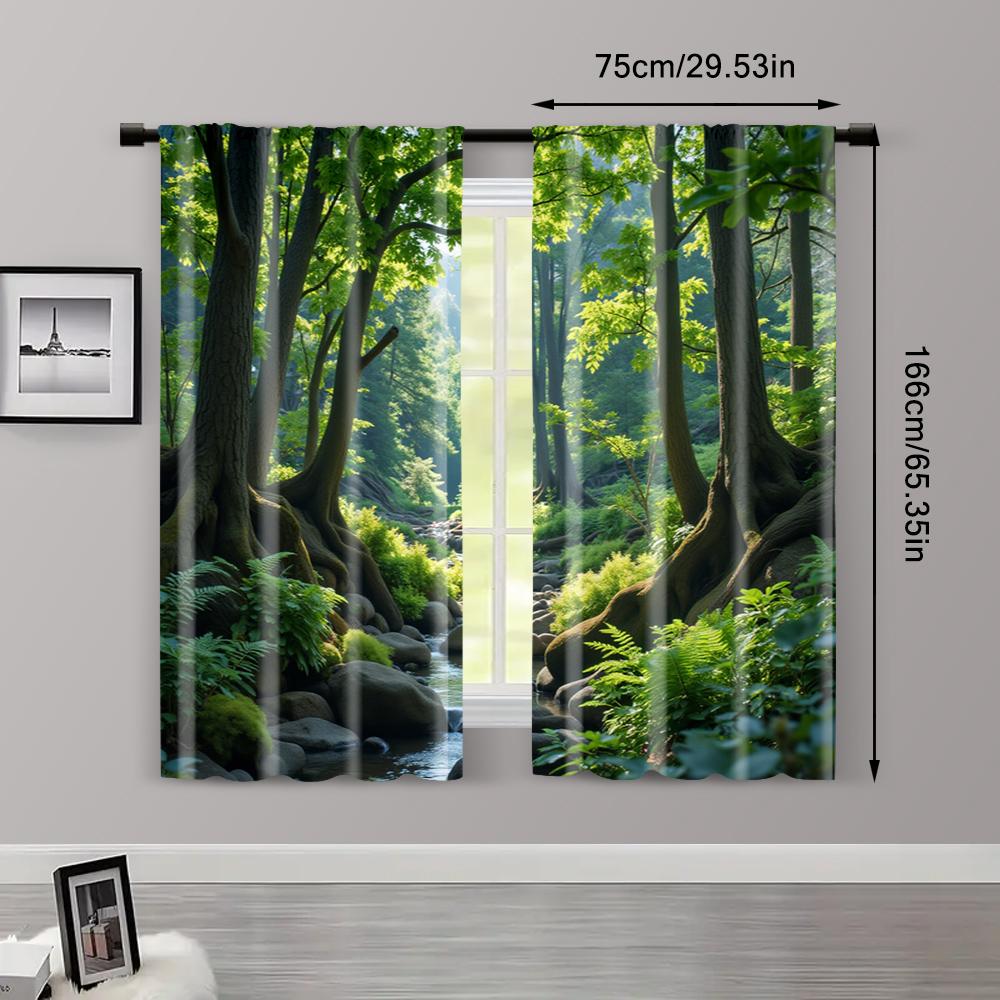 2pcs   Popular Curtain Panels Green Forest Print Versatile 100% Polyester (without rod) All Seasons Use for Kitchen Living Room