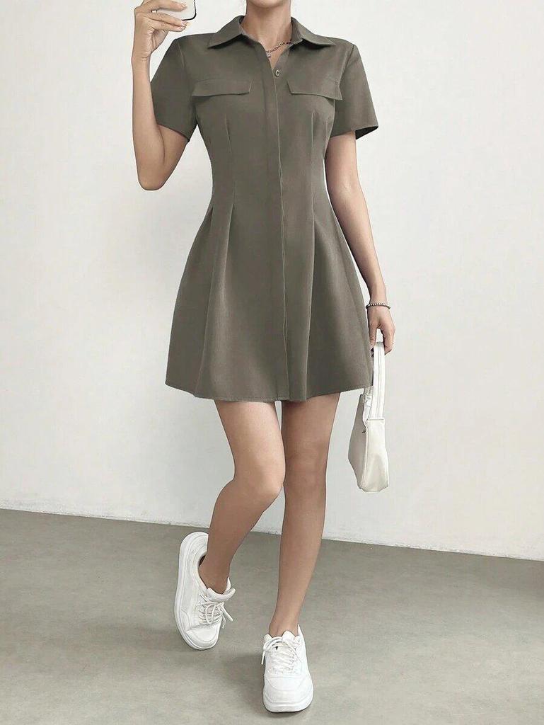 European and American Mid-length Pleated Waist Turn-down Collar Shirt Dress