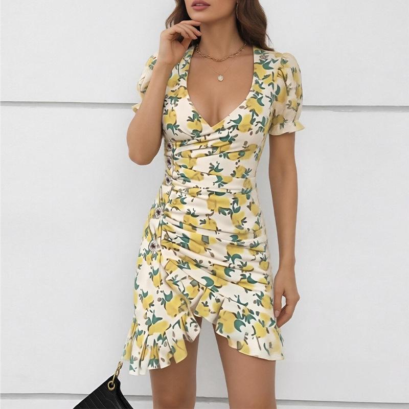 Women Sexy Flora Painted Ruffle Slim Dress Chic Deep V-neck Double Layered Ruffled Hem Dresses Lady New Daily Party Gowns