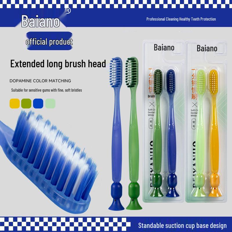 Beiyano Long Head Soft Bristle Toothbrush for Adults with Bottom Suction Cup, Arc Design for Gum Care and Home Use.