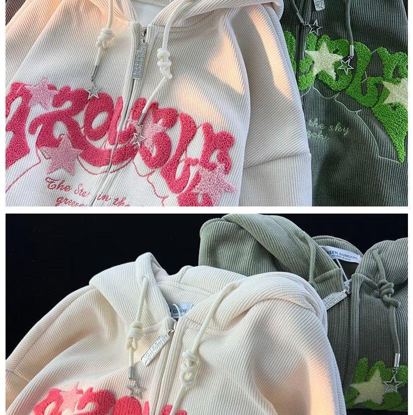 Women’s Vintage Star Corduroy Hooded Jacket - Trendy Loose Fit for Spring & Autumn