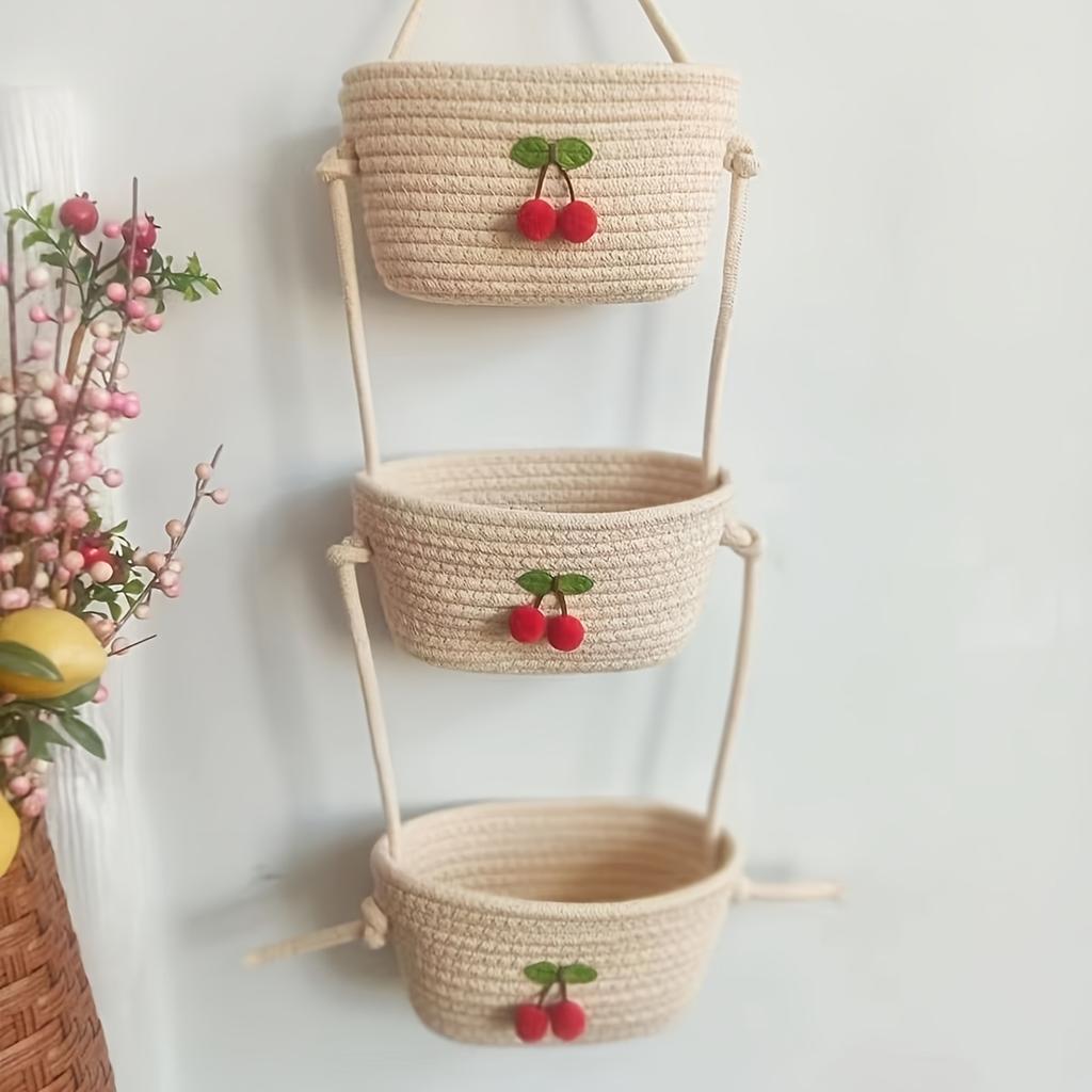 Farmhouse 3-Tier Hanging Basket. Hand-Woven Wall & Desk Storage. Detachable Rope. Perfect Home Organizer, Stylish Room Decor.