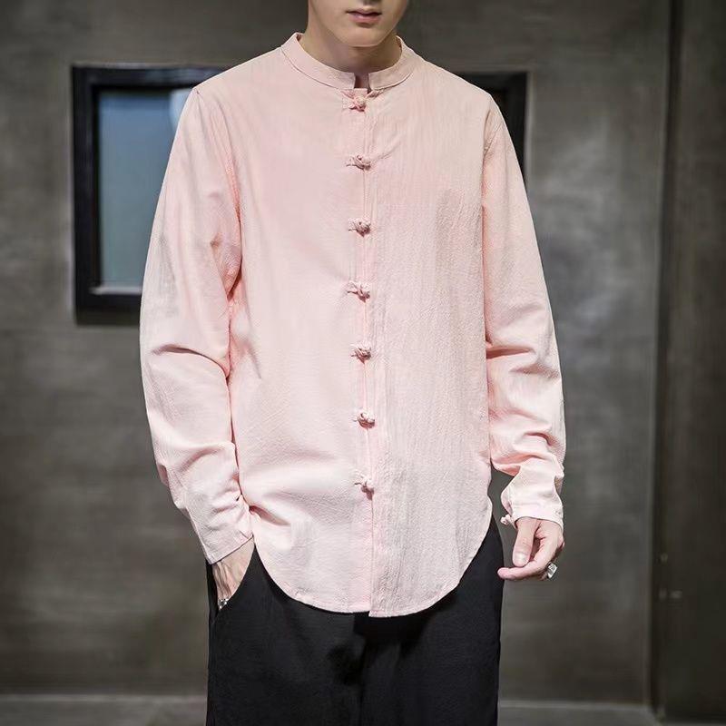 Pánská jarní a podzimní retro košile s dlouhým rukávem, stojáček, ležérní košile, volná bavlněná košile