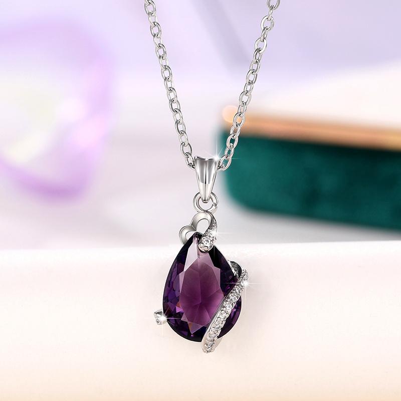 Huitan Luxury Pear Cubic Zirconia Pendant Necklace Women for Wedding Blue/Green/Purple/Transparent Grey Elegant Lady's Jewelry