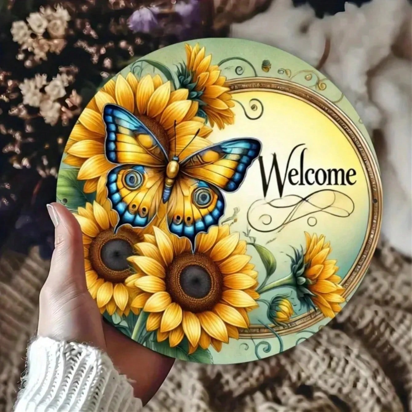 

Vintage Butterfly Sunflower Metal Art Welcome Sign Waterproof Decor for Bedroom Office разноцветный