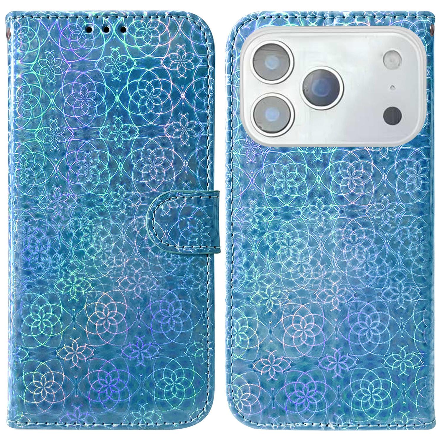 

For iPhone 17 Pro Stand Case Dazzling Flower Leather Phone Cover with Wrist Strap Blue