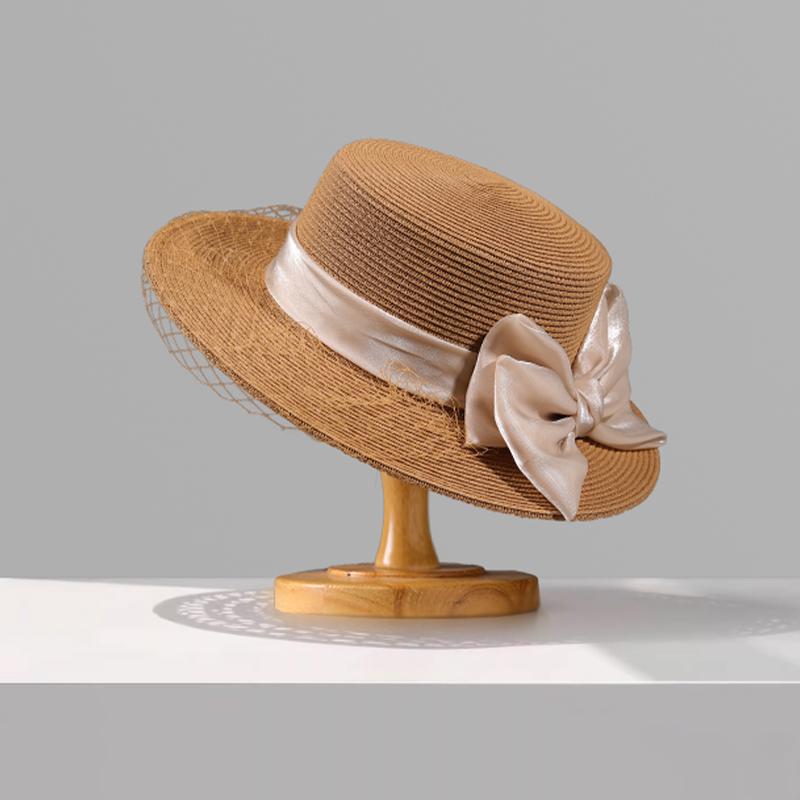 Hepburn Style Mesh Straw Hat For Women, French White Flat Top Sun Cap, Summer New Sun Protection Fedora