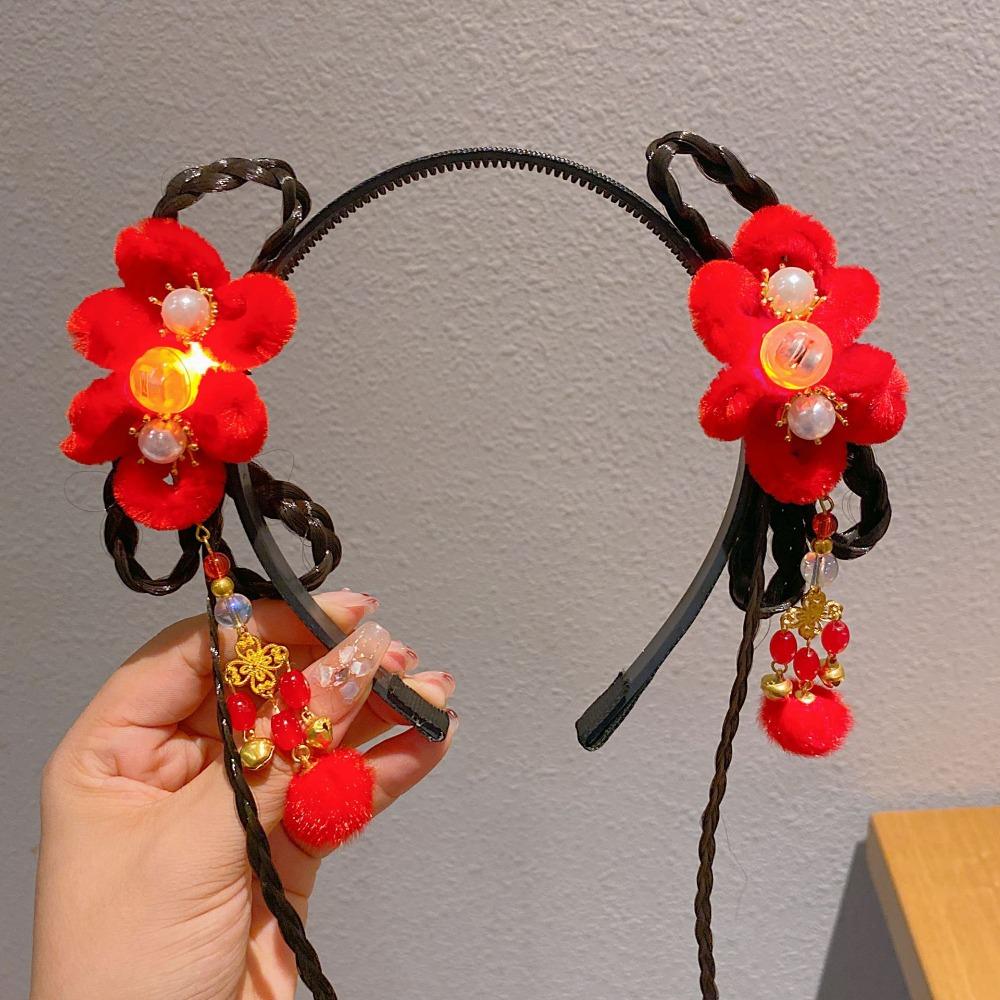 Red Flower Tassel Hairband Pigtail Wig Chinese Style Hair Hoop Fashion Hanfu Wig Headband  Children