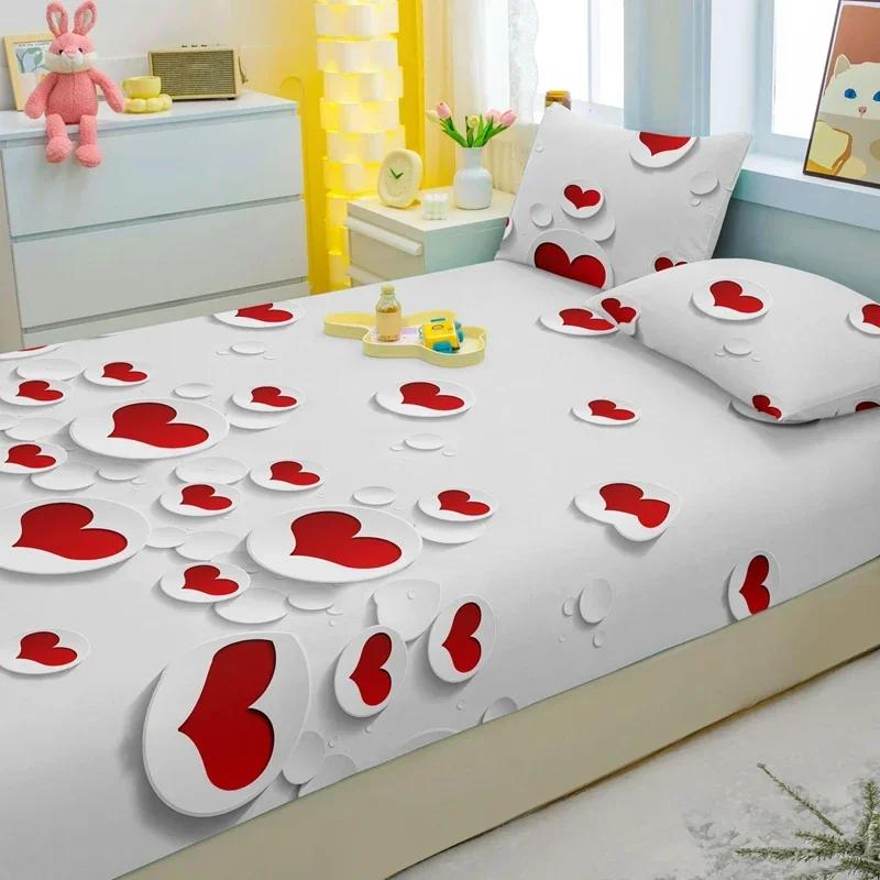 Simple 1 Modern Heart-Shaped Printed Matte Fitted Sheet, Bedroom Printed Bed Cover, Bedding Excluding Pillowcases