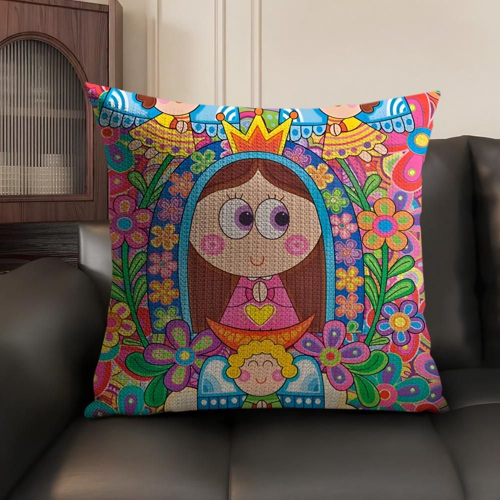 Virgin Mary Art CUTE Cushion Cover Natural Linen Organic Fabric DoubleSided Printing Sofa Home Decor Gift Pillow Case