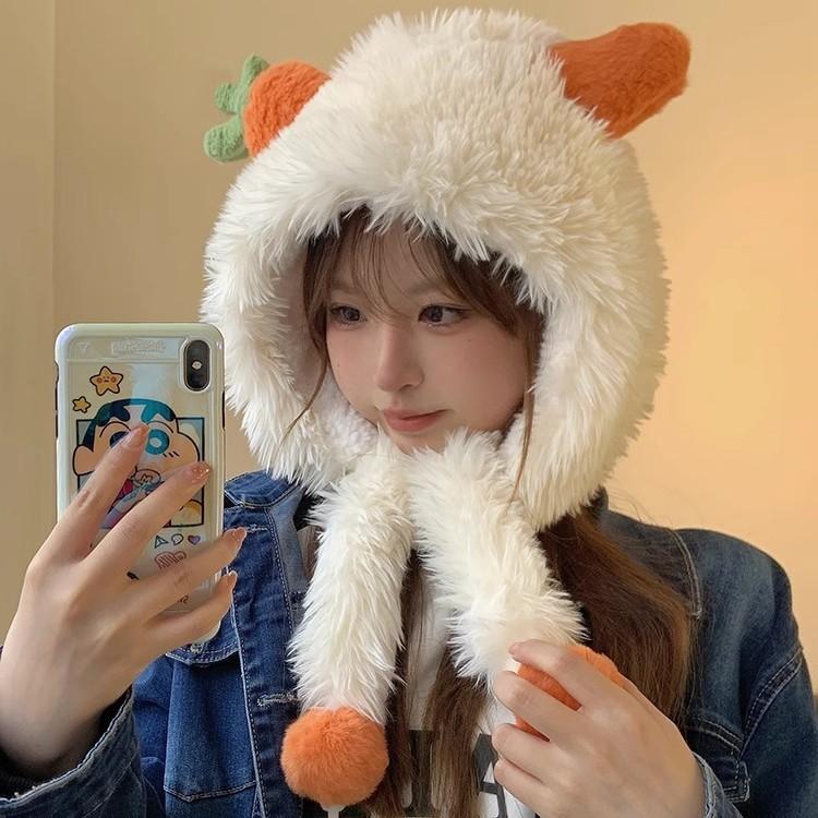 Carrot Plush Strap Lei Feng Hat for Women In Autumn and Winter New Thickened Warmth and Cold Protection Ear Protection Versatile Pullover Hat Cute
