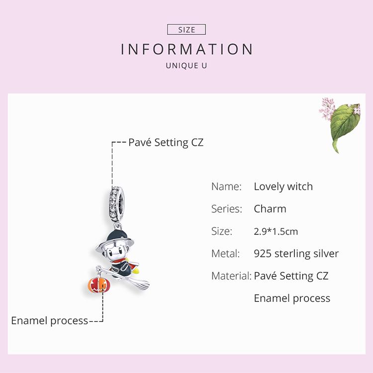 WOSTU Magic Witch Pendant 925 Sterling Silver Broom Witch Beads Charms for Necklaces
