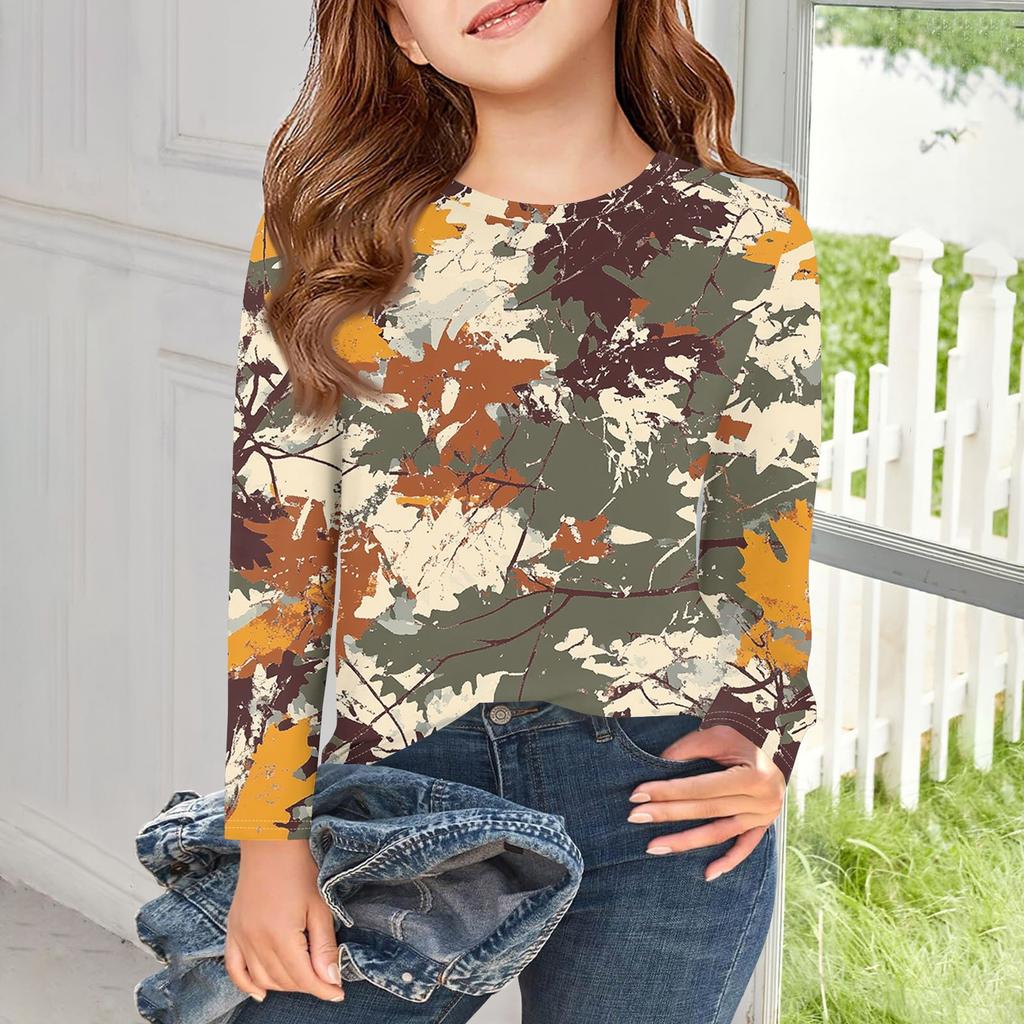 Dívčí trička s dlouhým rukávem Dětské podzimní topy Kulatý výstřih Potištěná základní trička 5-14L