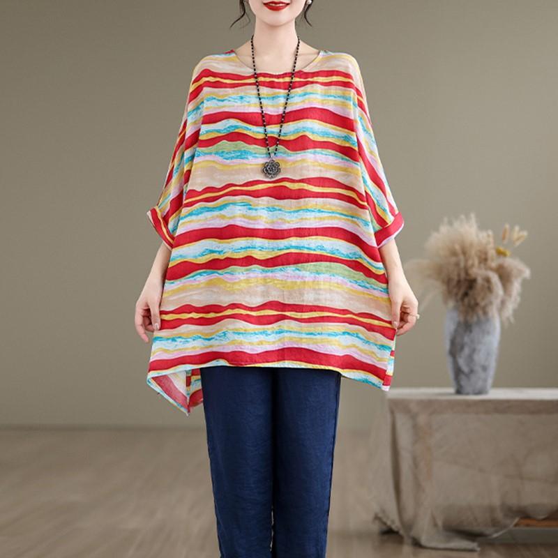Short Sleeve Plus Size Cotton Vintage Stripe Casual Loose Long T Shirt Tops Women Summer T-shirt