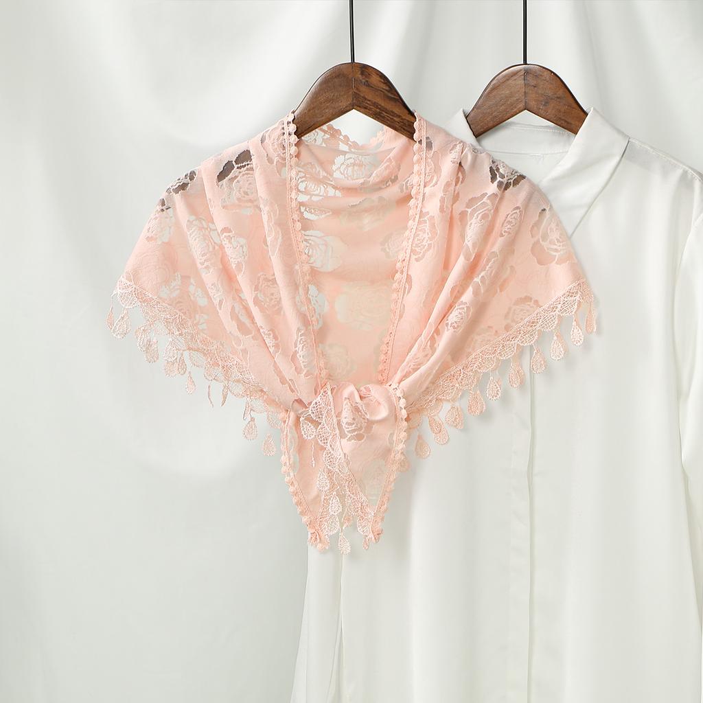 Women Lace Triangle Scarf With Tassel Embroidered Solid Color Shawls Veil Fashion Lightweight Prayer Hijab 160*50Cm