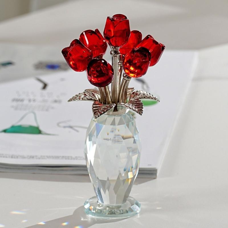 Crystal Rose Figurines Ornament,Crystal Bouquet Ornament Collectibles Handmade Rose Flower Gift for Wife Mom Girlfriend