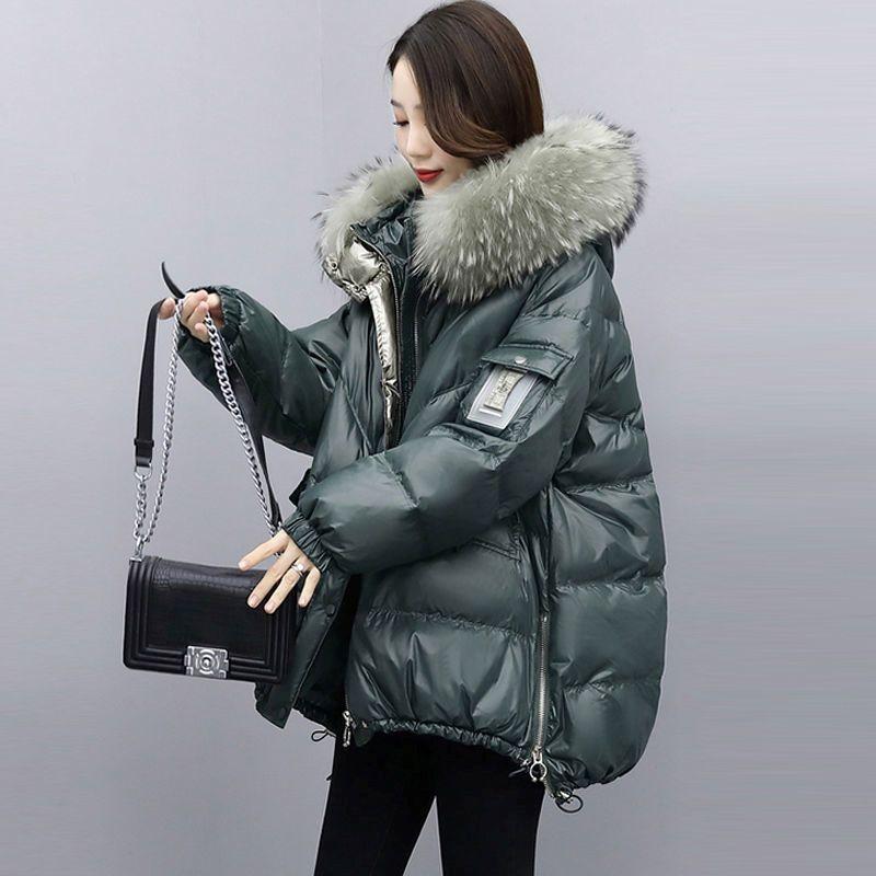 Zimní Volný Dámský Zateplený Parka Puffer Kabát Ležérní Nošení Teplá Bunda z Prachového Peří a Bavlny s Velkým Kožešinovým Límcem Kabát s Kapucí