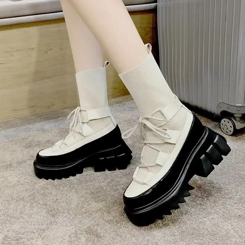sales Black Wedges Platform Sock Boot Woman Fashion Lace Up High Heels Shoes Elastic Knitting Chunky Ankle Boots for Women
