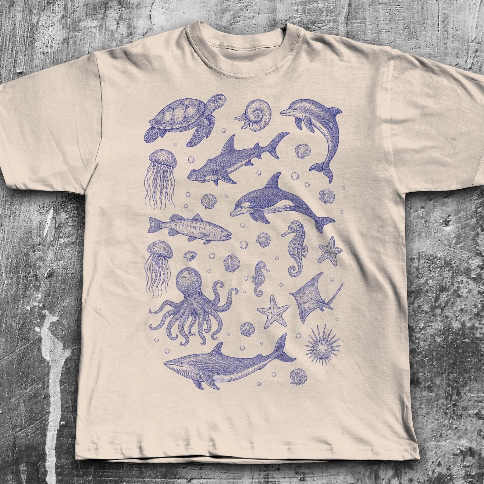 90s Sea Animals Vintage Tee, Retro Ocean T shirt Cute Sea Creatures Shirt, Ocean Gifts, Unisex Cotton T shirt, Ocean Lovers, Dolphin Lover XL