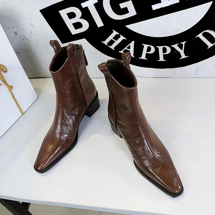 2026 Autumn/winter Women Boots Genuine Leather Western Boot Women Shoes Pointed Toe Chunky Heel Chelsea Boots Retro Ankle Boots