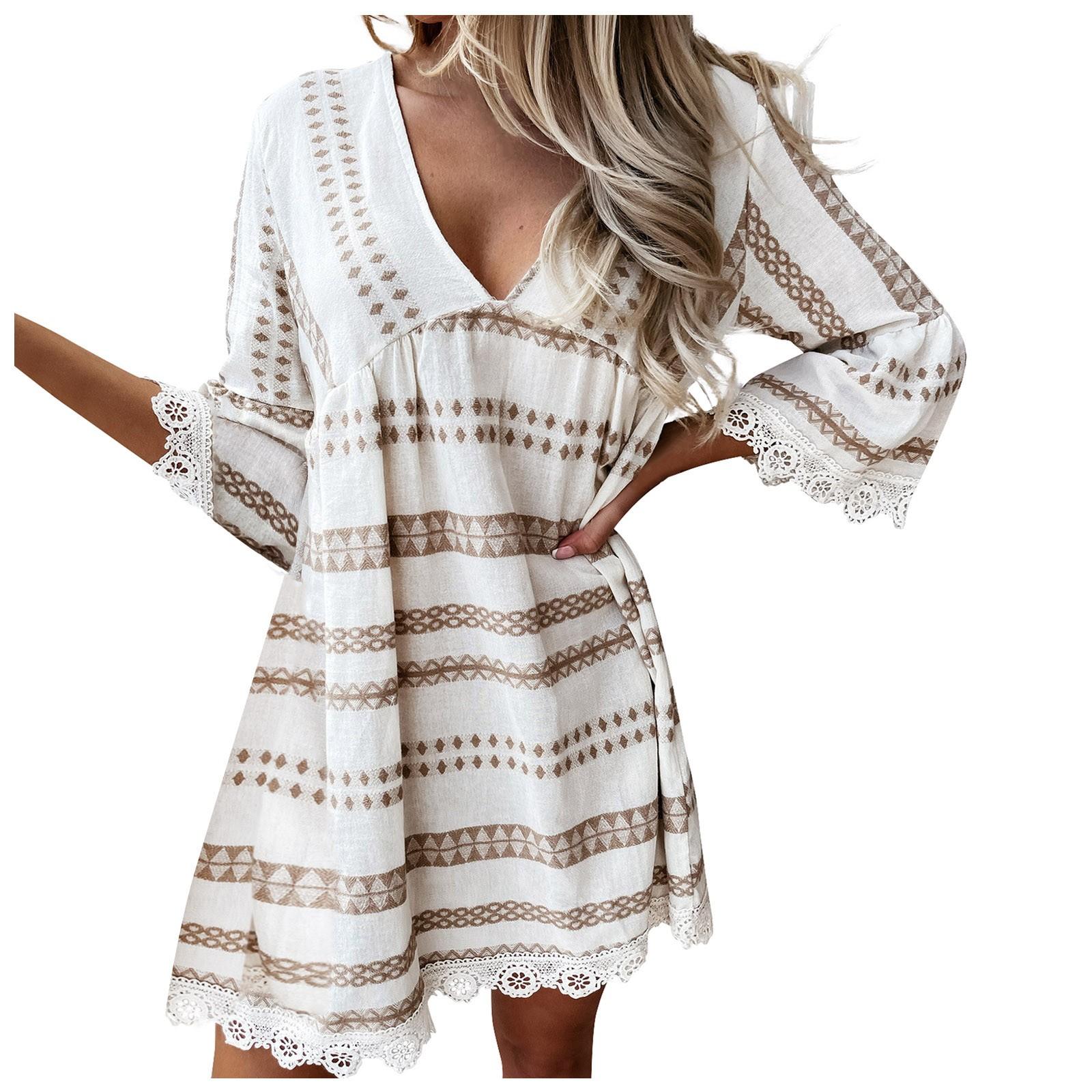 Women Fashion Casual Print Loose V Neck Three Quarter  Sleeve Lace Cuff Dress XL хаки