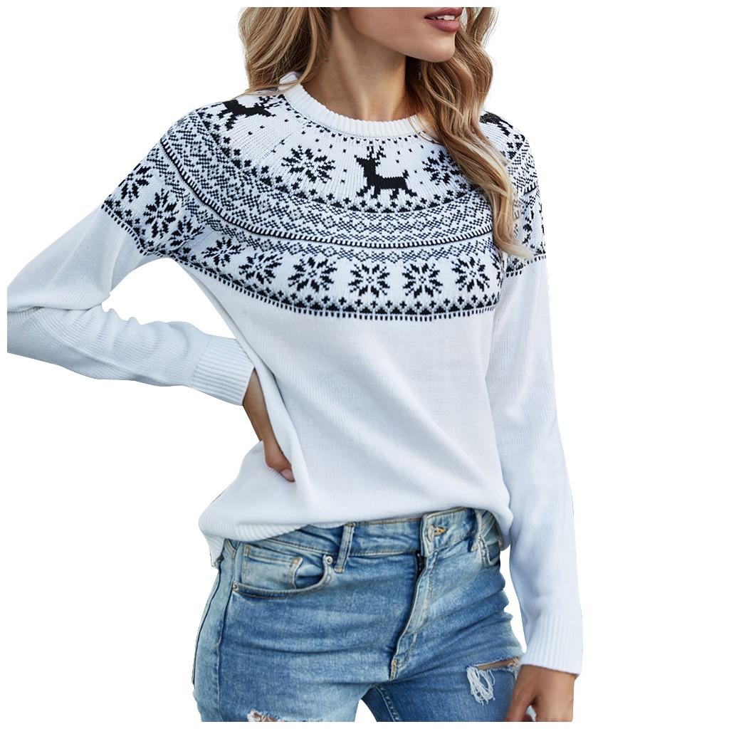 Módní dámský ležérní svetr s dlouhým rukávem s vánočním potiskem sněhové vločky a srnky