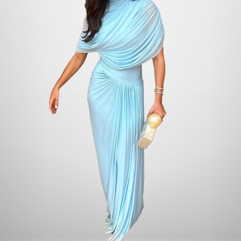Elegant Womens Wrap Waist Pleated Maxi Dress 2026 Short Sleeve Round Neck Slim Fit Long