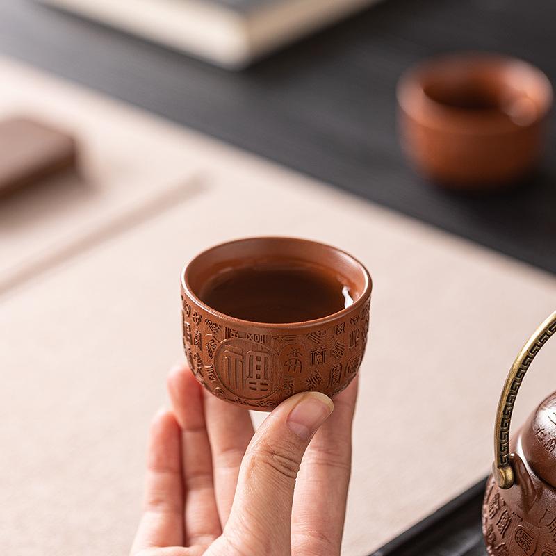 Fine carving purple sand beam pot household tea single pot retro kung fu tea set one pot two cups relief Baifu purple clay pot
