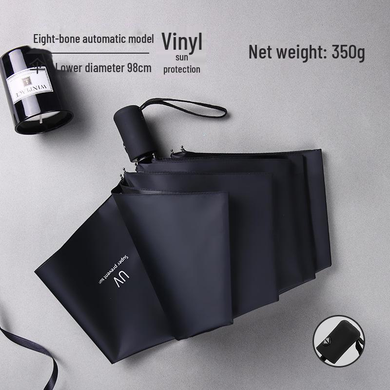 Black 16-Bone Automatic Three-Fold Dual-Purpose Umbrella for Sunny and Rainy Days - Large, Reinforced, Anti-Storm Design.
